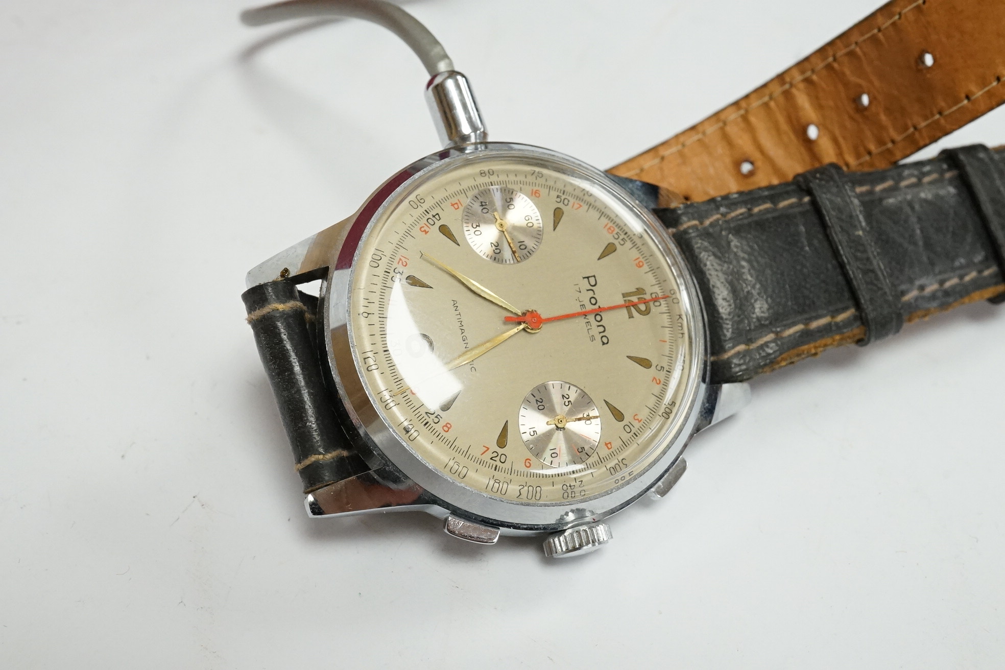 A gentleman's 1950s German steel Protona Minifon Surveillance wrist watch with box, cables and attachments. Condition - poor to fair